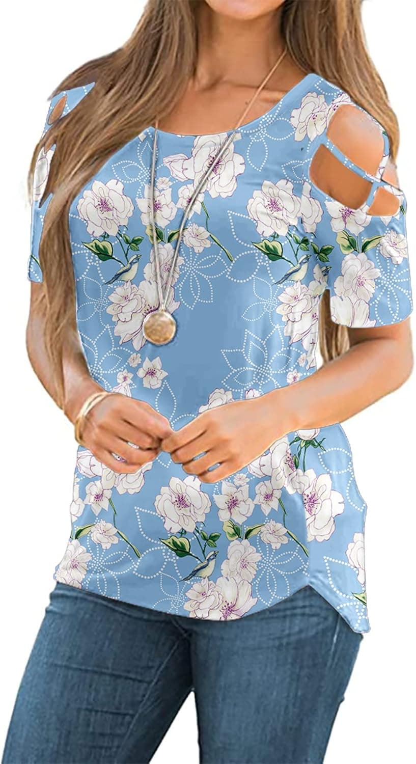 NILOUFO Womens Casual Summer Shirts Short Sleeve Cold Shoulder Tunics Tops