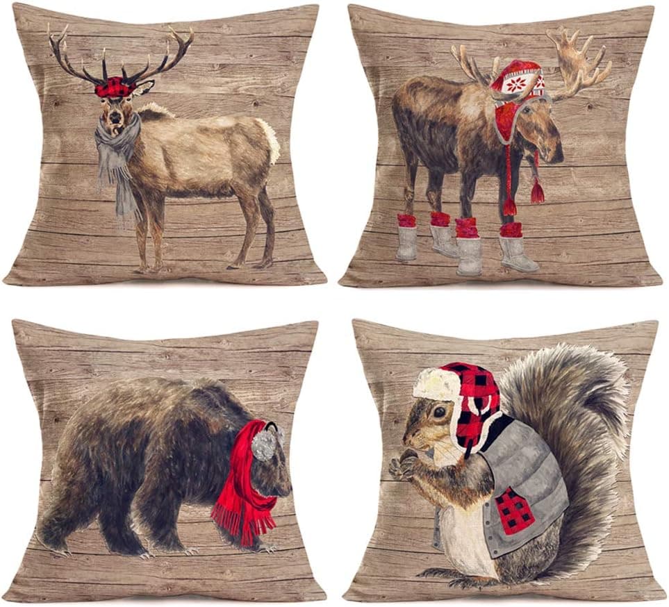 Smilyard Christmas Throw Pillow Covers Animals Elk Bear Squirrel with Wood Grain Brown Background Decorative Pillow Case Cotton Linen Red Plaid Hat Decor Cushion Cover 18" x18" Set of 4(M-animals Set)