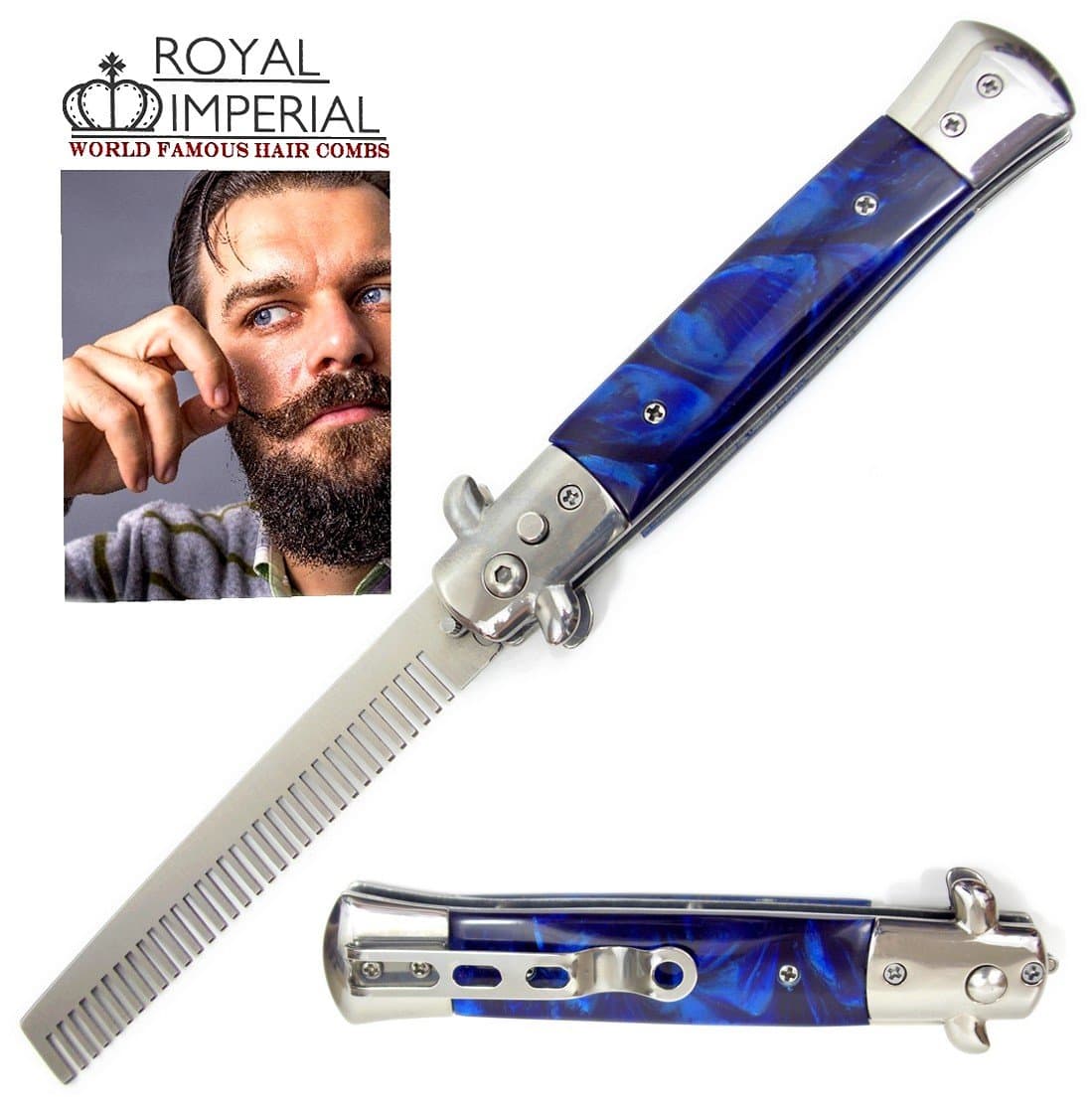 Royal Imperial High Quality Metal Switchblade Pocket Folding Flick Hair Comb For Beard, Mustache, Head BLUE CYCLONE Handle ~ INCLUDES Beard Fact Wallet Book ~ Nicer Than Butterfly Knife Trainer