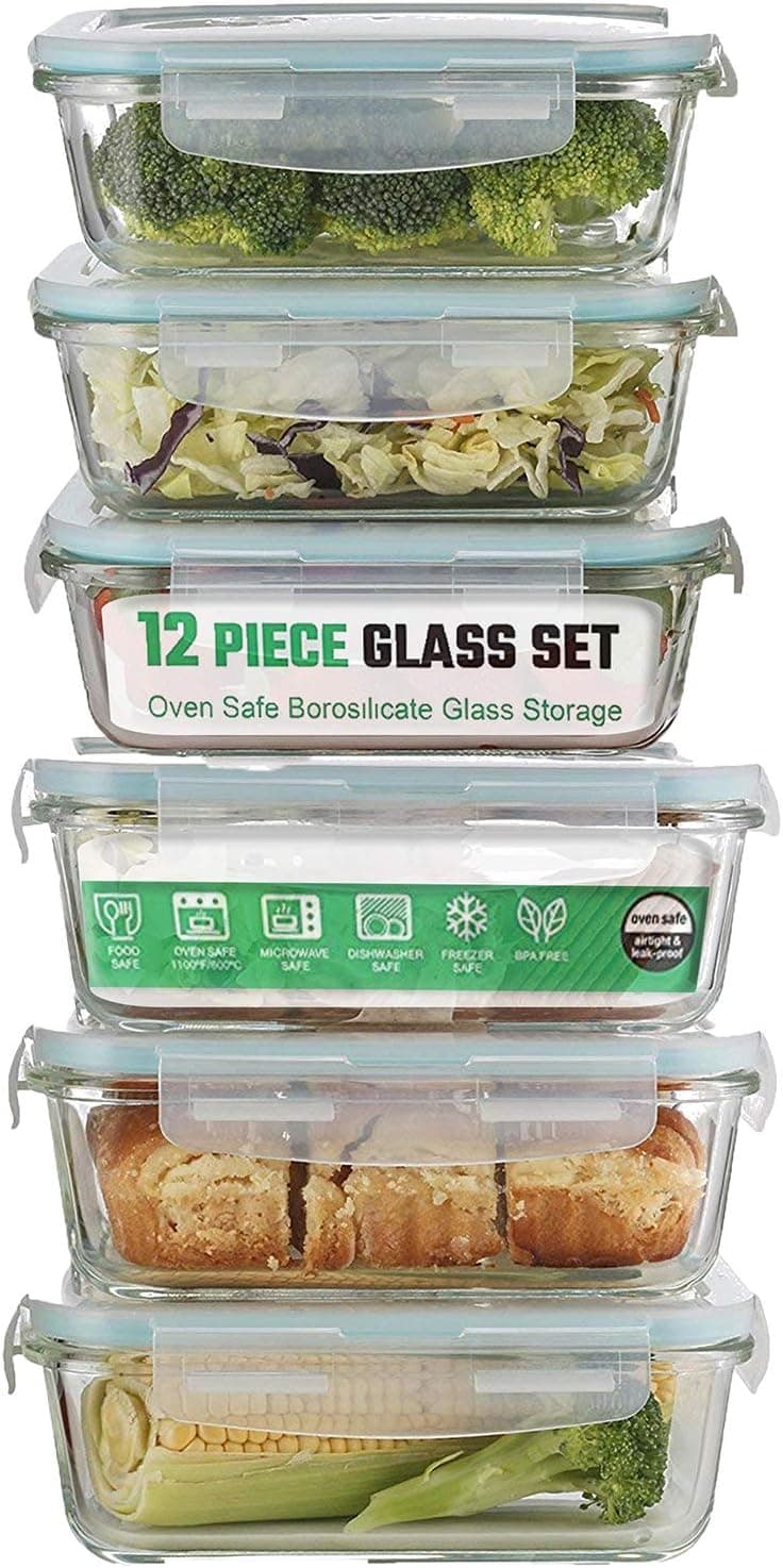 Glass Meal Prep Containers | 12-Piece | Food Storage Containers with Lids | Airtight Food Prep Containers | Glasslock Containers | Meal Prepping Lunch Containers | BPA Free
