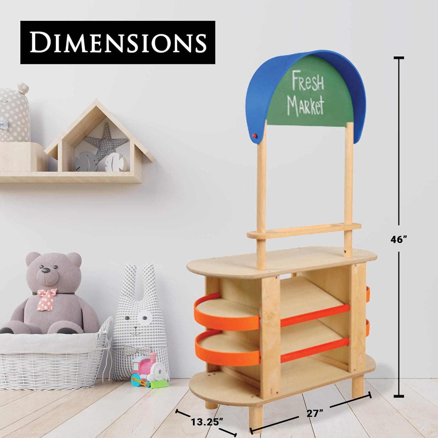 Constructive Playthings KRP-45 Kid-Sized Hardwood Fun-Fresh Market Stall with Counter Top for Pretend Play