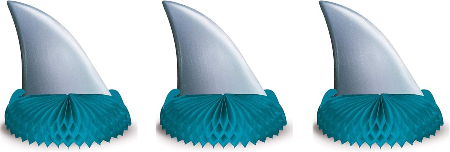 Beistle 3 Piece Shark Theme Party Supplies Birthday Decorations Table Centerpieces, Gray/Blue, 6.75" x 6.25"