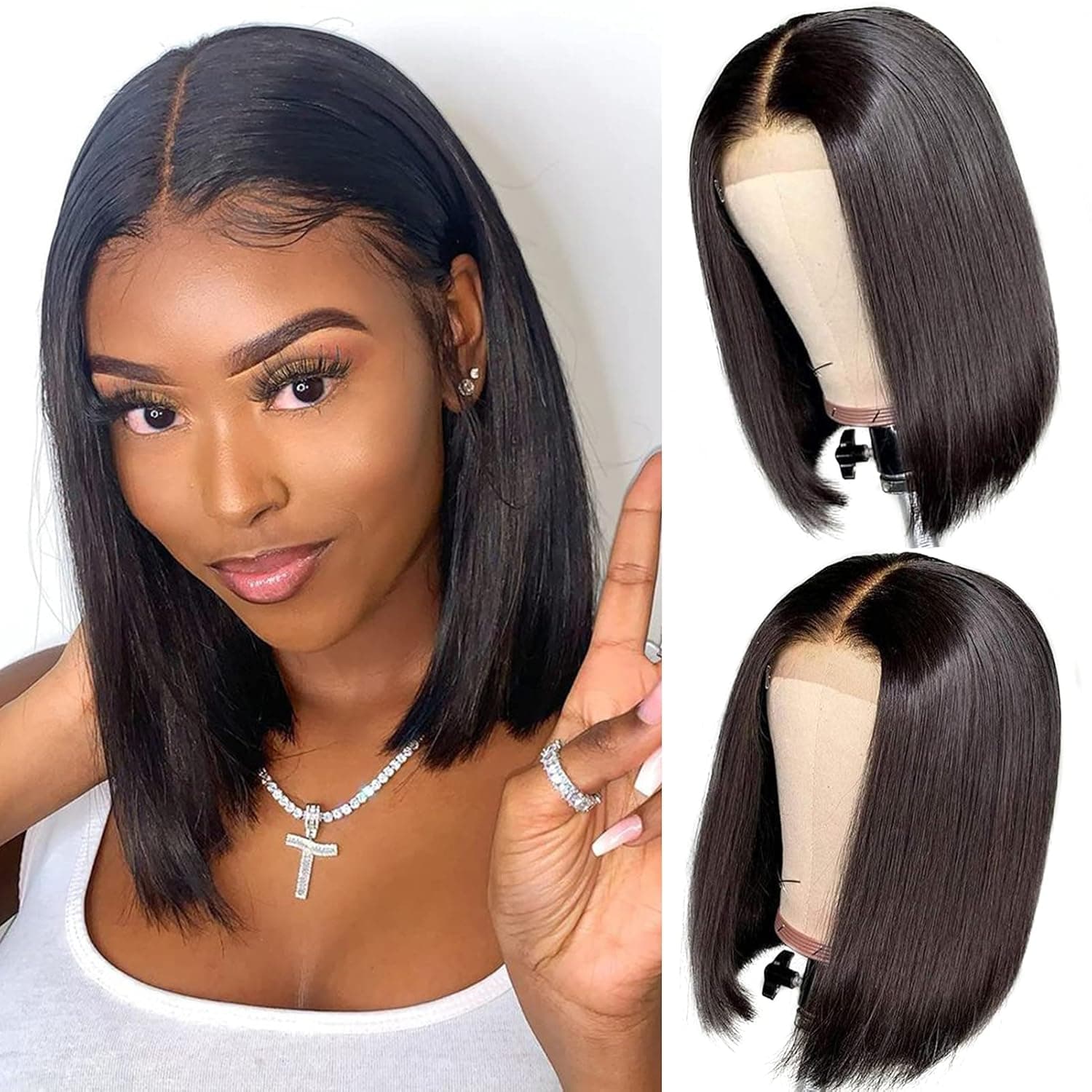 Earfodo Short Bob Human Hair Wigs for Black Women 10 Inch Middle Part 4x4 Closure Bob Wig Brazilian Virgin Human Hair Straight Bob lace Front Wigs For Women Natural Black
