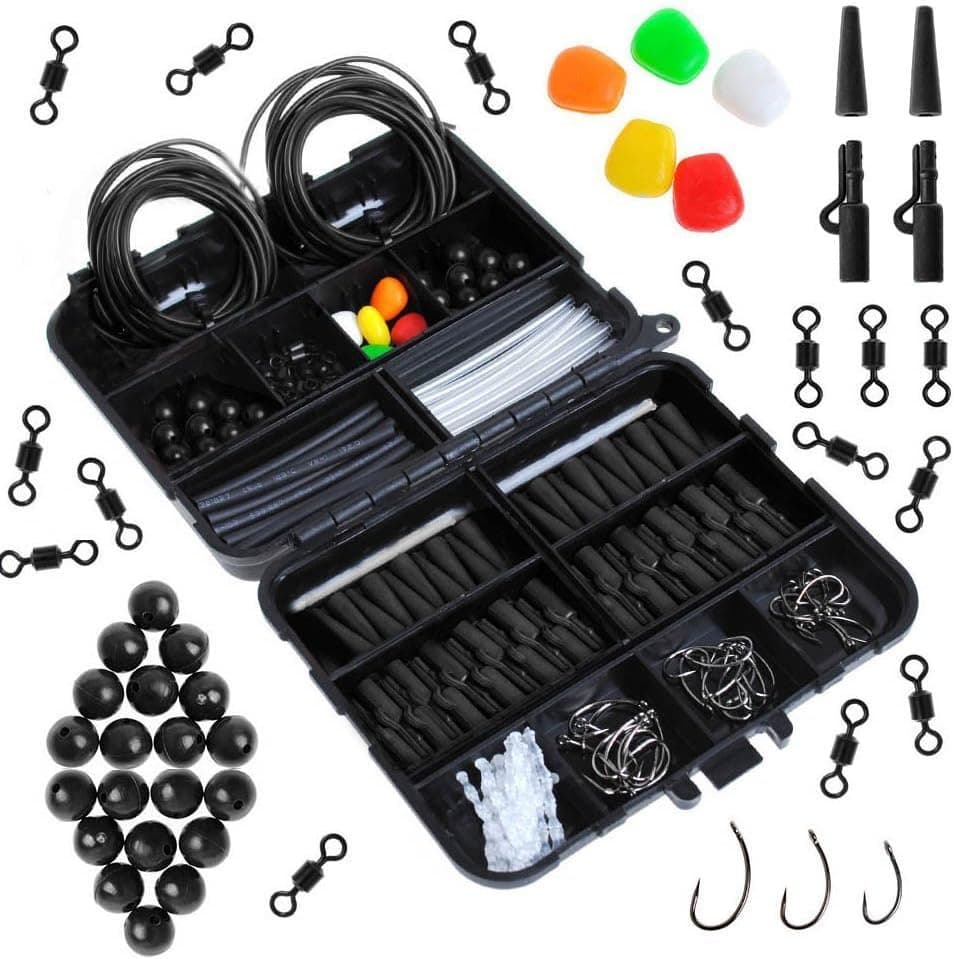 Dr.Fish Carp Fishing Tackle Pocket Flip Box with 237 Pieces Rigs Lead Clips Hooks Swivel Corn Tube Beads Accessories Joblot