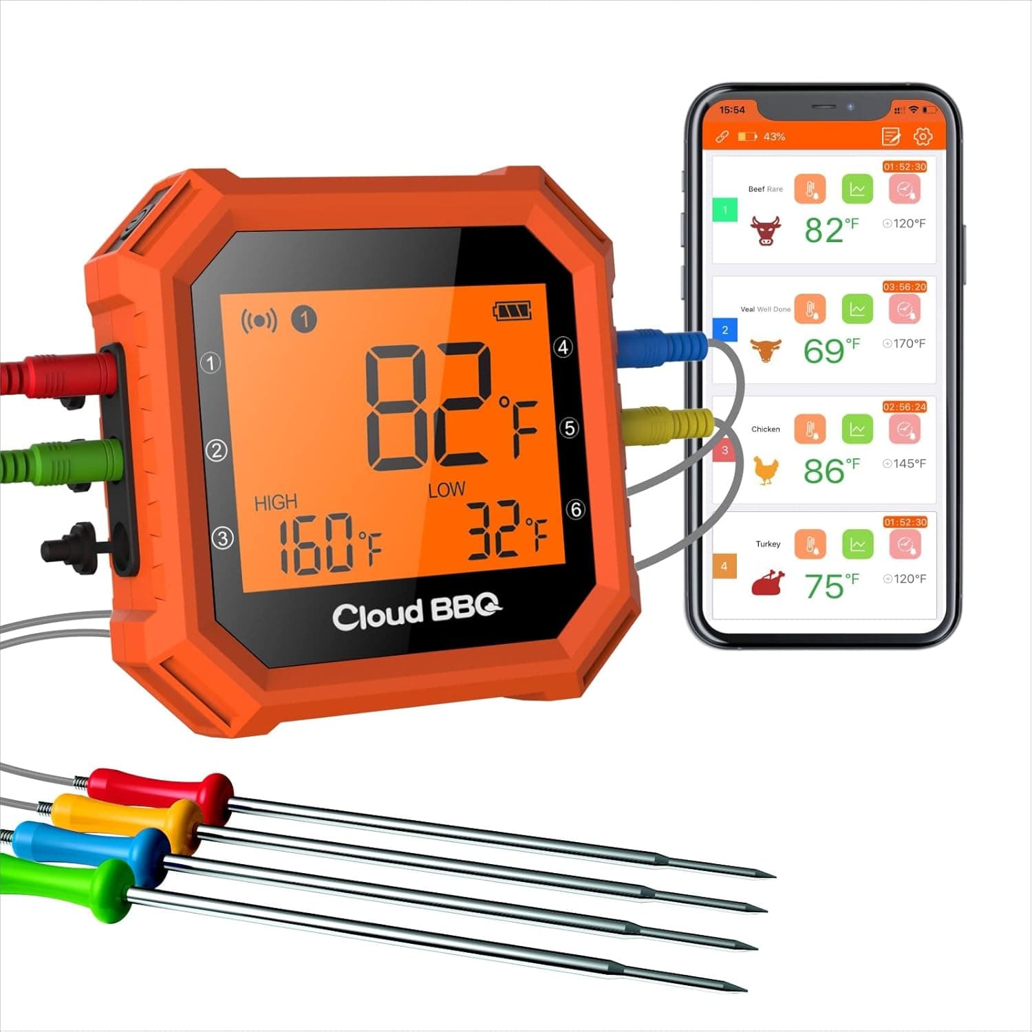 Wireless Remote Digital Meat Thermometer Bluetooth Kitchen Thermometer with 4 Temperature Probes Waterproof Design 500FT Range for Grilling Oven Food Smoker Thermometer (51)