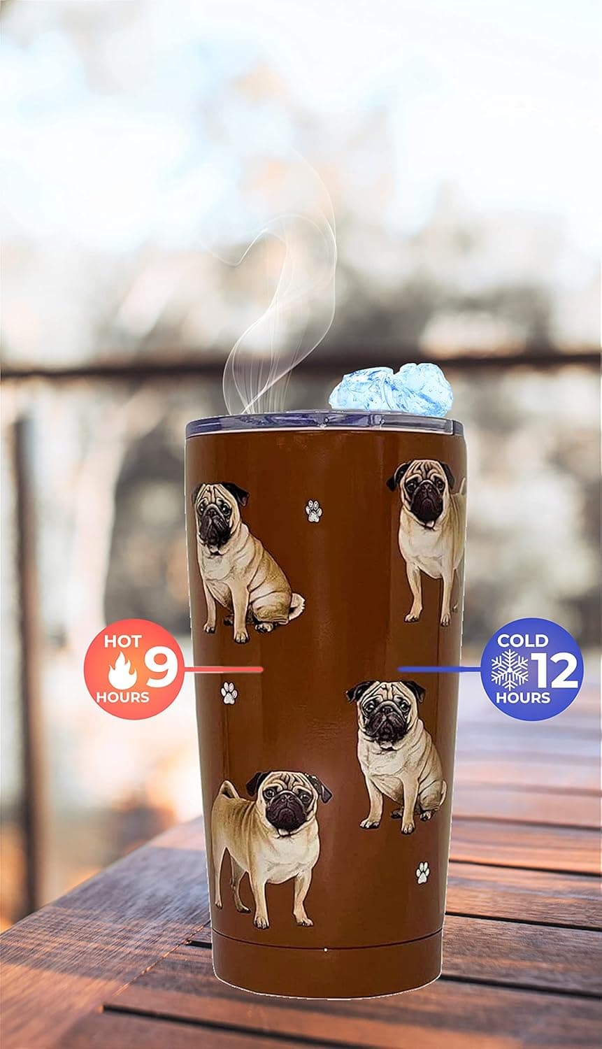 PETBELLA Pug Insulated Tumbler with Lid 16 oz Stainless Steel Vacuum Insulated Double Wall Travel Thermos Tumbler Dog Breed Design Thermos Mug with Splash Proof Lid