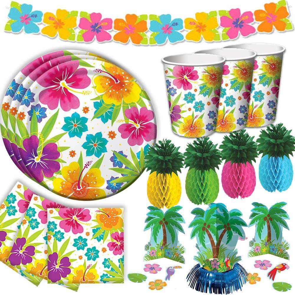 Tropical Luau Hawaiian Summer Party Supply Pack for 25 with Decorations Includes Plates, Napkins, Cups, Tropical Palm Tree Table Centerpiece, Hibiscus Garland, and Pineapple Centerpieces