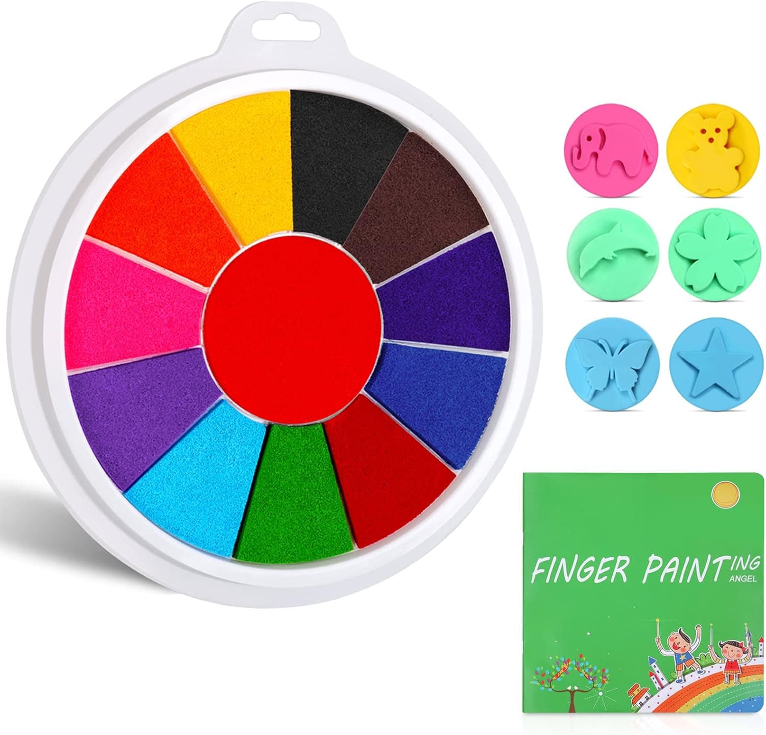 Funny Finger Painting Kit and Book - Washable Kids Paint Set 12 Colors DIY Painting Suppliers Non-Toxic Painting Kit with 6 Stamps For Kids Toddlers