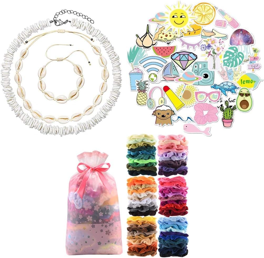 VSCO Girl Stuff - 35 Pcs VSCO Stickers for Hydro Flask, 45 Pcs Velvet Hair Scrunchies for Girls, 3 Pcs VSCO Choker Necklace-Puka Shell Necklace Set, Reusable Teen Accessories Kit 4