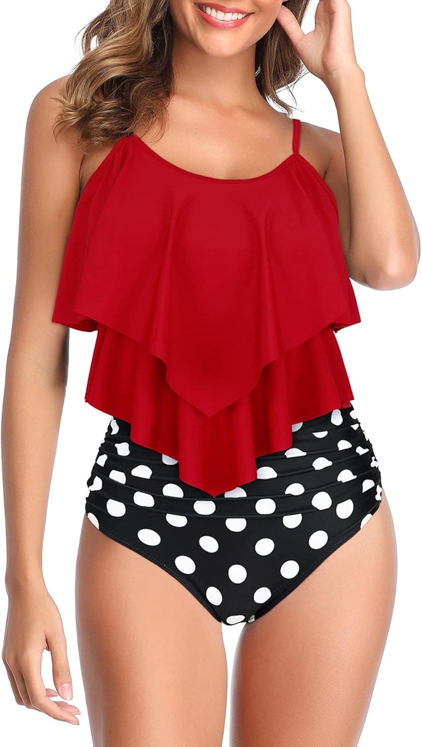 Zando Tankini Bathing Suits for Women Flounce Tankini Tops with Shorts Push Up High Waisted Swimsuits Two Piece Swimsuit 2 Piece Swim Suit Best Tummy Control Swimwear Red Black Dot 10-12