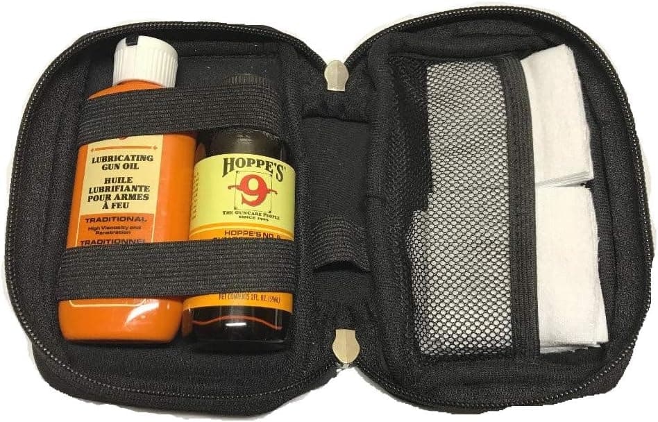Hoppes Gun Bore Cleaner and Lubricating Oil with 40-50 Westlake Market Patches and Neoprene Case for .38, 9mm.40.44 and .45 Caliber Handguns/Pistols/Rifles/Shotguns
