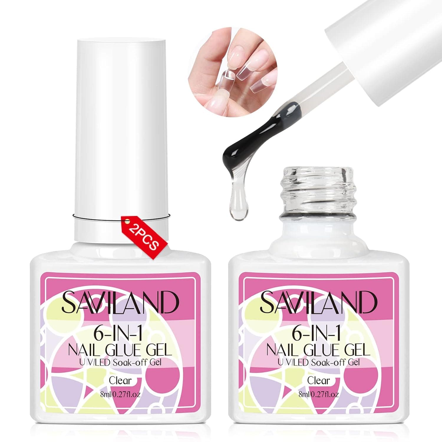 Saviland 2PCS 6 in 1 Gel x Nail Glue Set – Gel Nail Glue for Acrylic Nails Press on Fake Nail Tip Soak-Off U V LED Nail Glue Gel for Nail Extension Professional Manicure Gift for Women Home DIY