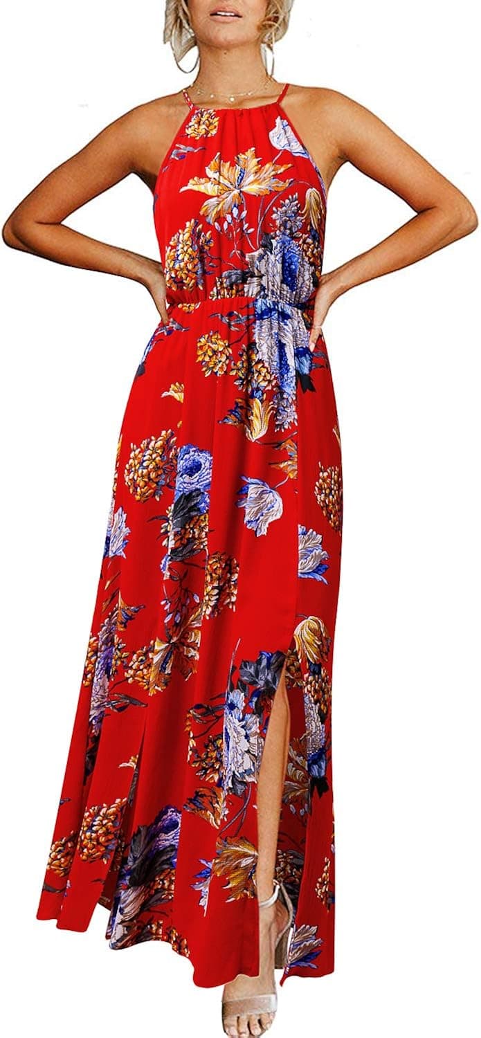 Party Dress for Woman, Womens Cold Shoulder Halter Neck Elegant Stretch High Waist Swing Pleated Floral Print Maxi Long Dresses Red L