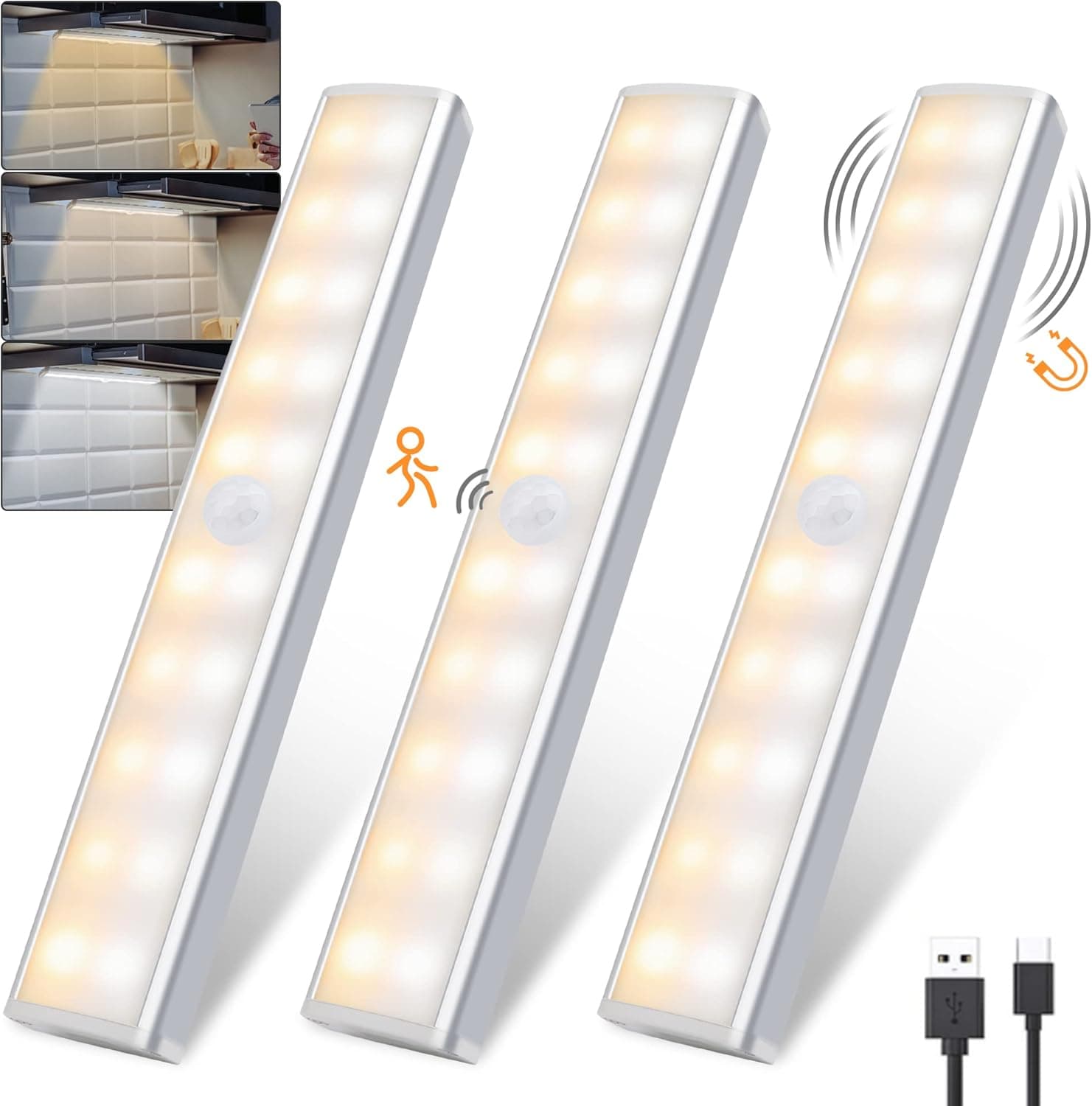 lexall 3 Pack LED Motion Sensor Lights, Rechargeable LED Closet Lights, Stick-On, Magnetic Night Light Bar, Led Safe Light Indoor for Closet Stairs Wardrobe