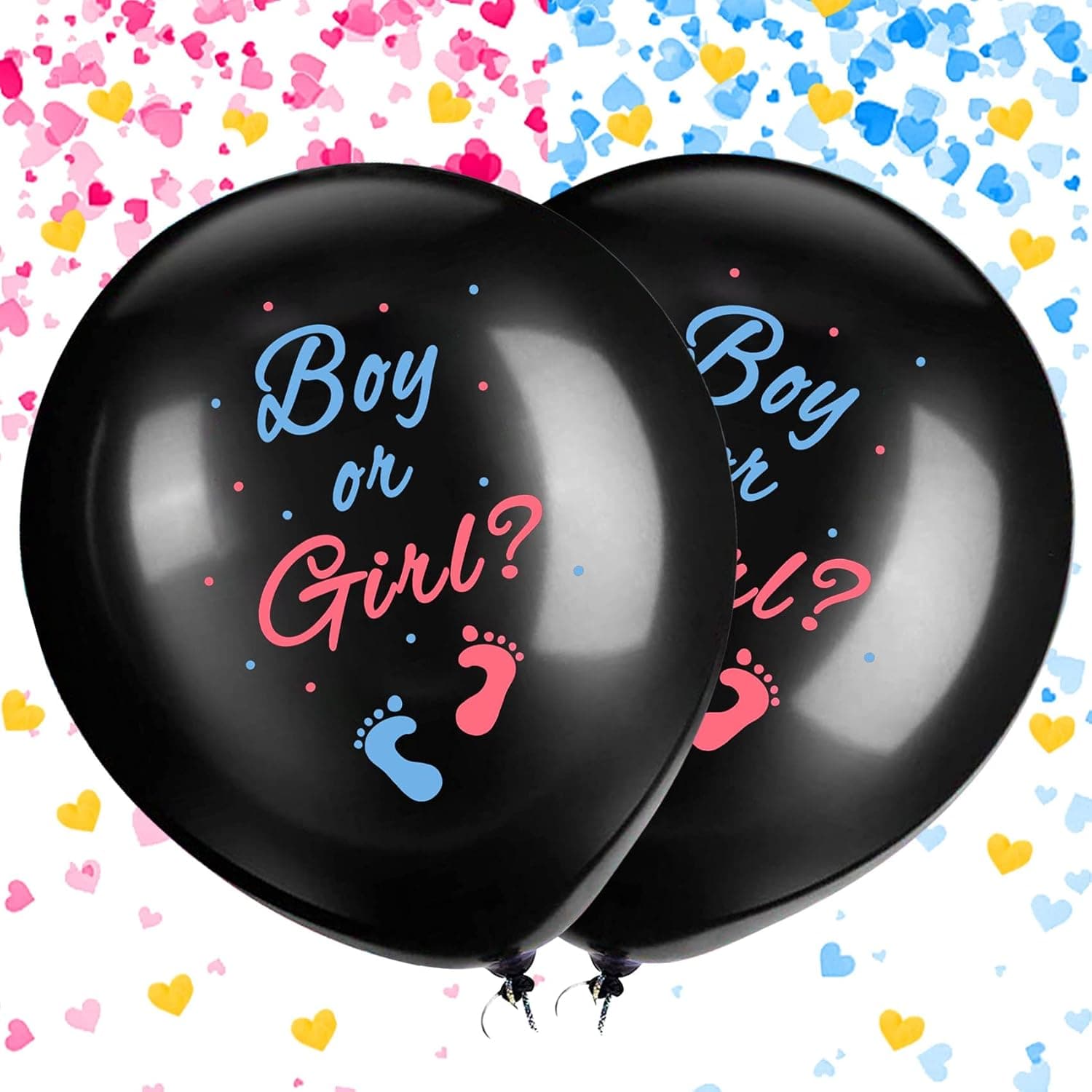 JOYYPOP Gender Reveal Balloons, 2 Pack 36 Inch Black Boy or Girl Balloon with Pink and Blue Heart-Shaped Confetti for Gender Reveal Party Decorations