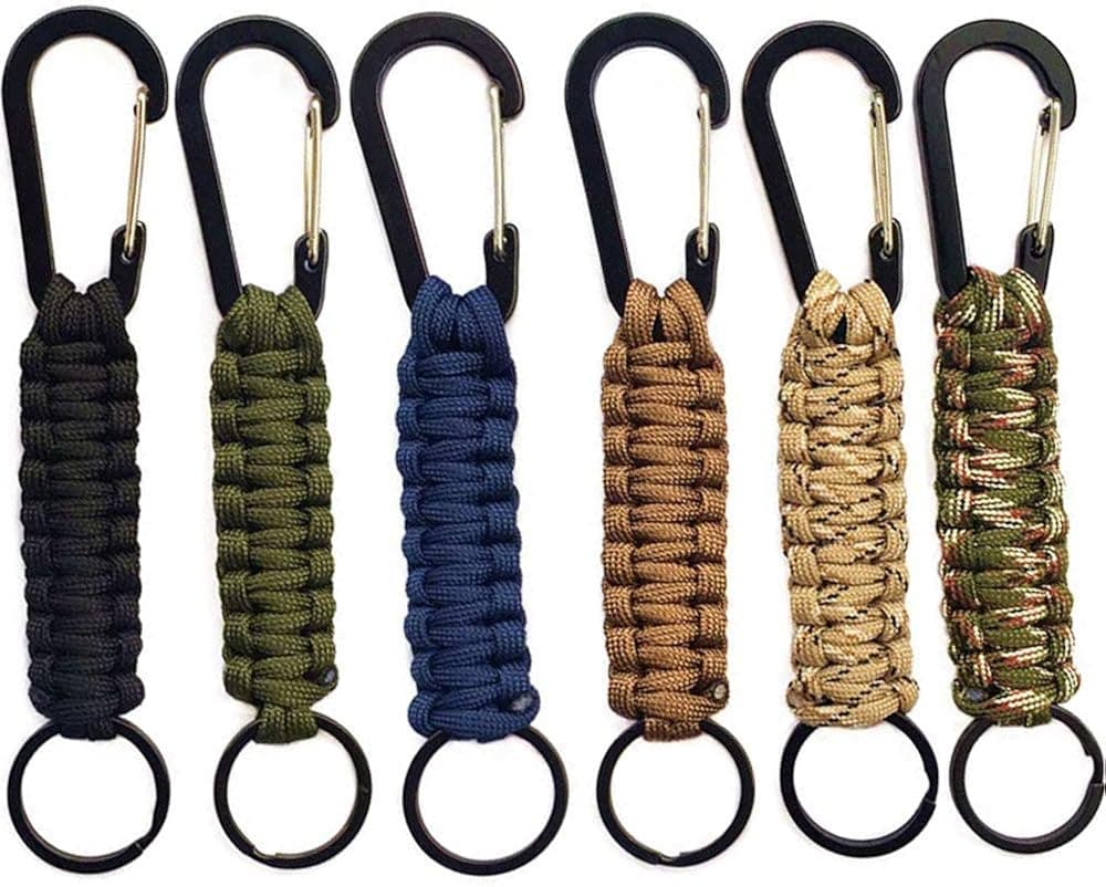 Qtopun Paracord Keychain Carabiner, Set of 6 Outdoor Activity Survival Kit Braided Lanyard Utility Ring Hook for Keys Flashlight