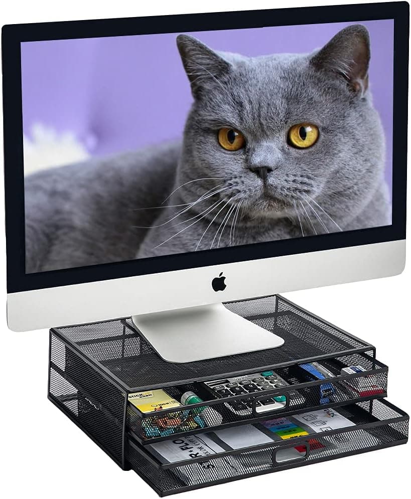 Computer Monitor Stand Riser with Drawer,AEGISMILE Metal Mesh Desk Organizer and Storage with Dual Pull Out Drawer, Office Supplies Organizers and Accessories for PC, Laptop, Printer, Notebook, iMac