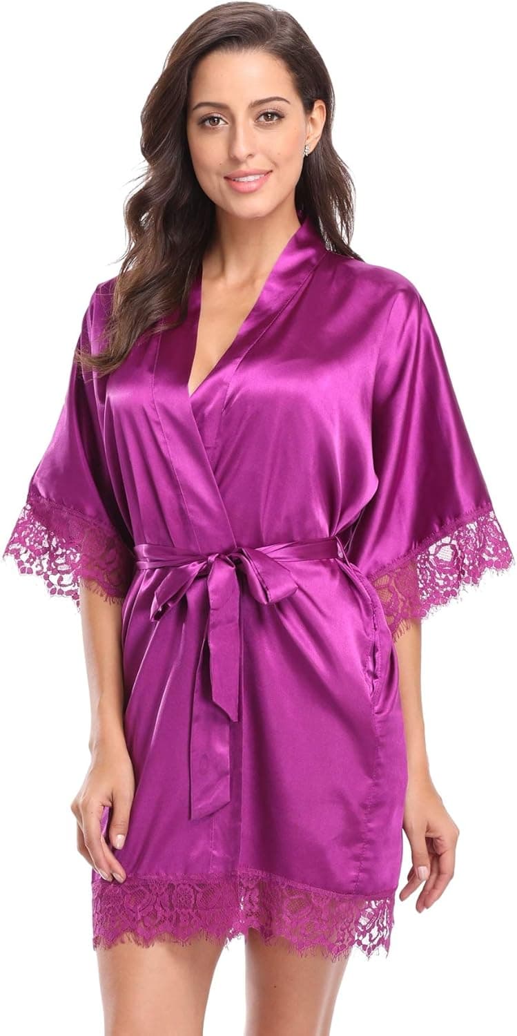 Women's Lace-Trimmed Satin Short Kimono Robe Silky Nightgowns Loungewear Bride Bridesmaids Robes for Getting Ready