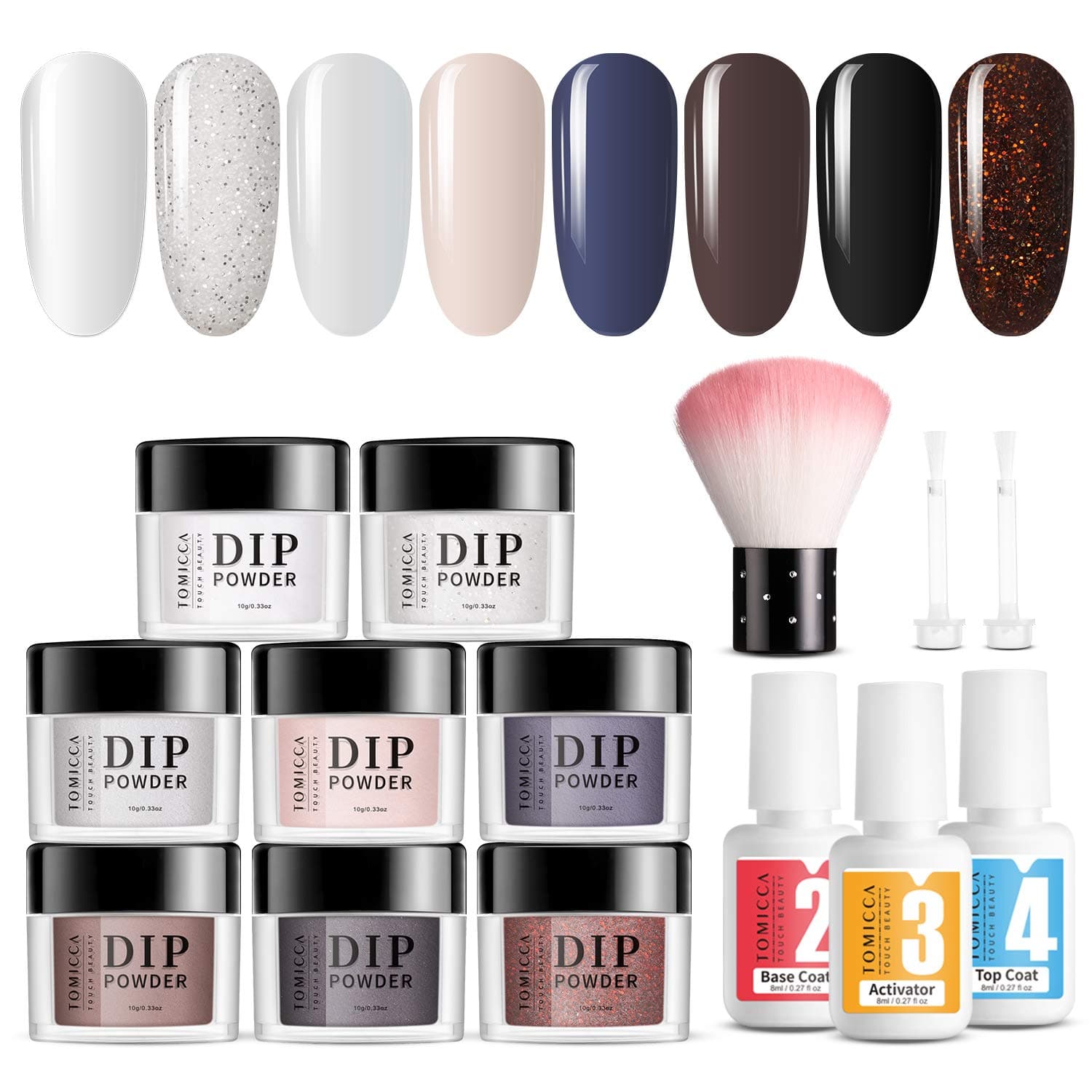 TOMICCA Dip Powder Nail Starter Kit, 8 Fall Winter Colors with Liquid Set, Base & Top Coat, Activator, Acrylic Dip Powder Kit for Beginner, White Black Series, French Manicure Kit, No UV Lamp Needed
