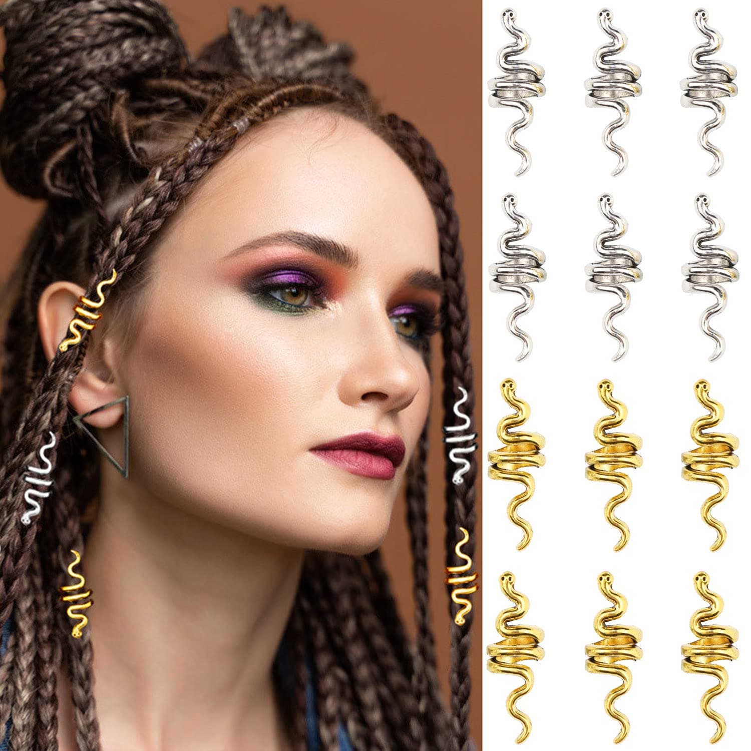 NAISKA 12PCS Loc Snake Hair Braid Jewelry for Women Braids Serpent Dreadlock Accessories Gold & Silver Braid Coils Hair Clips Rings Cuffs Men Braids DIY Decoration