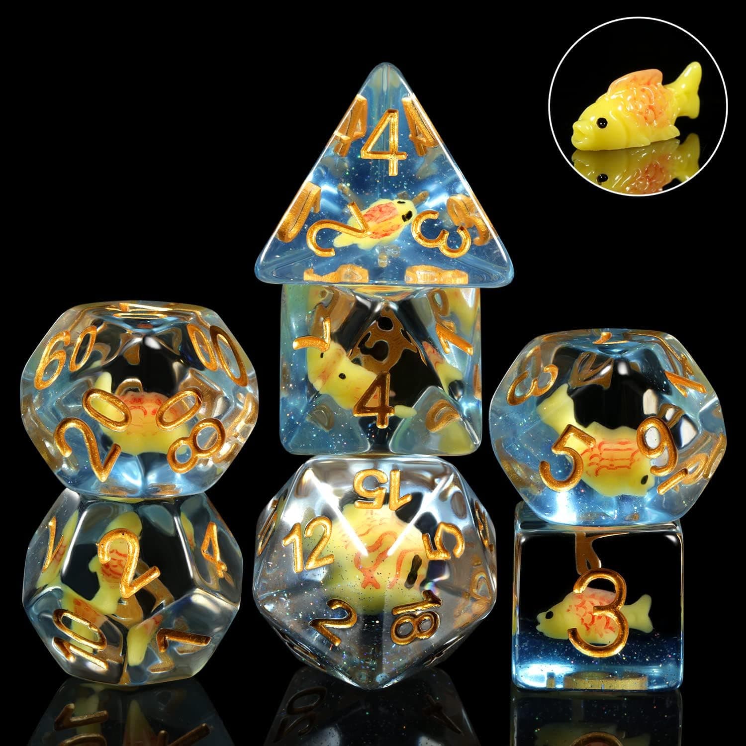 Fish DND Dice, DNDND 7PCS Resin Dice Set with Velvet Bag for Dungeons and Dragons D&D Role Playing Games and Tabletop Games （Fish DND Dice Set