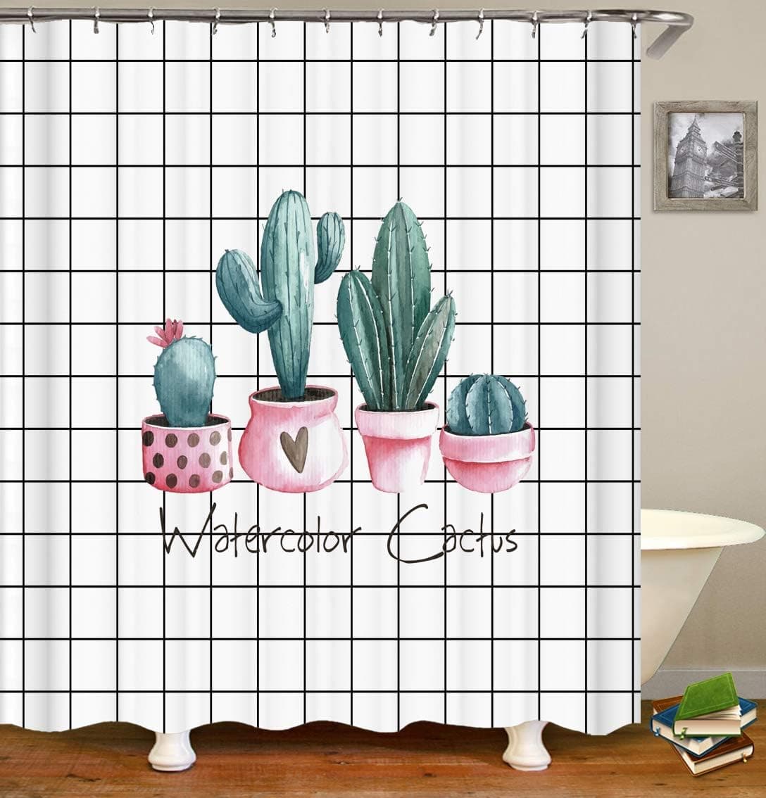 Watercolor Cactus Shower Curtain Pink Vase Dot Heart Bloosom Grid Square Cute Succluent Fabric Bath Curtain Bathroom Decor Waterproof Polyester Fabric Bathroom Accessories