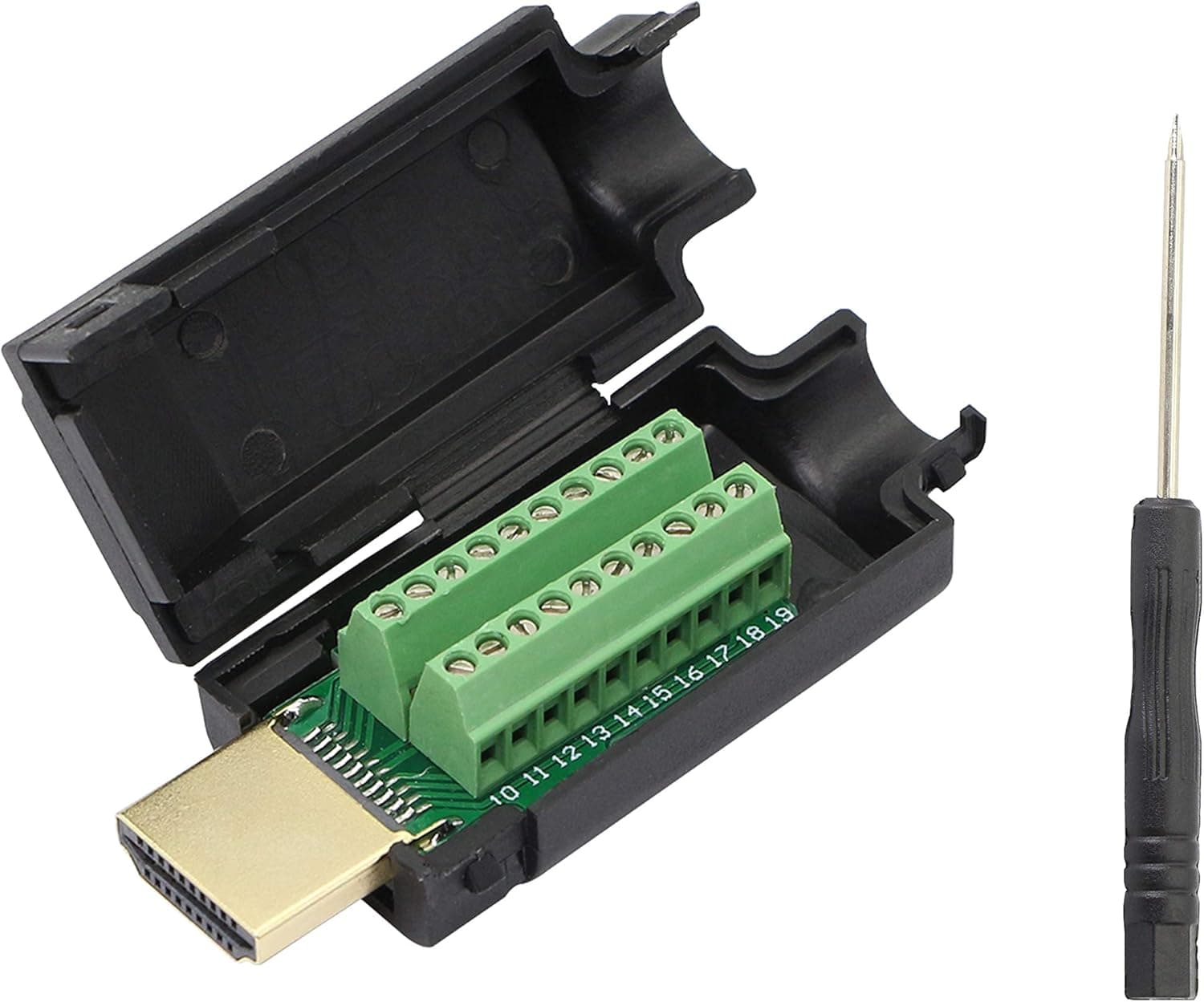 HDMI Solderless Signals Terminal,Gelrhonr Gold Plated HDMI Free Welding Connector Breakout Board with Breakout Plastic Cover,Screwdriver