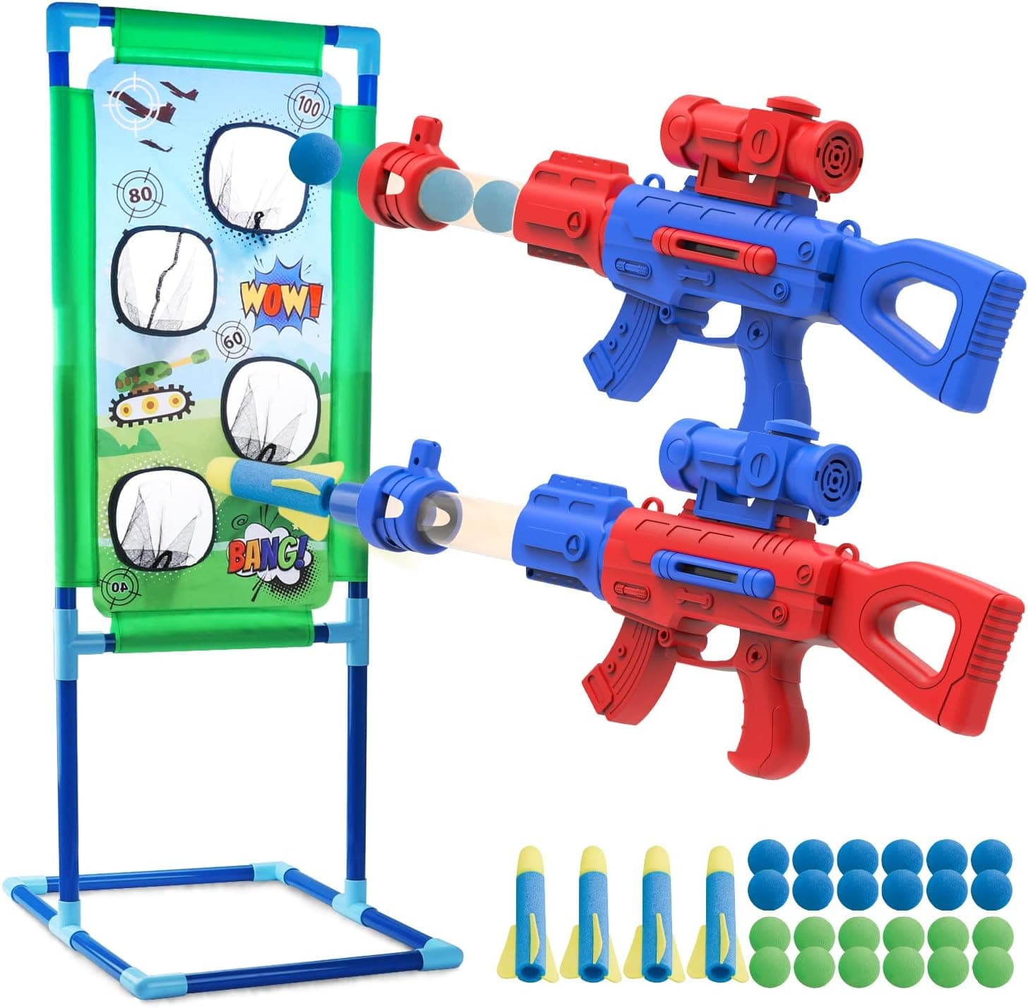 Shooting Game Toy for 6 7 8 9 10+ Years Old Boys Girls, 2Pk Foam Ball Popper Air Guns Toy with Shooting Target and 24 Foam Balls, Christmas Birthday Gift for Kids, Compatible with Nerf Toy
