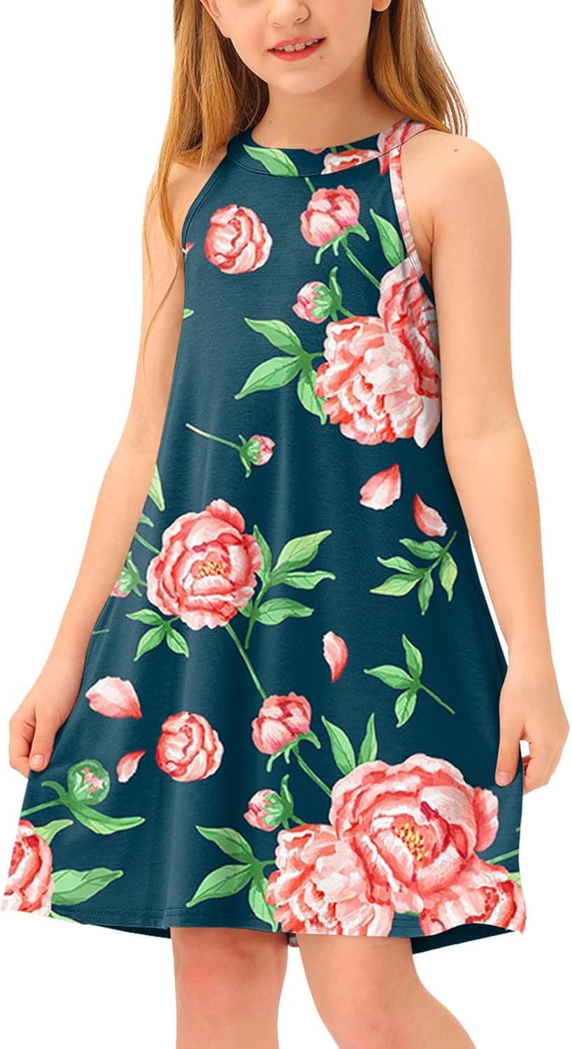BesserBay Girl's Summer Halter Neck Sleeveless Midi Dress with Side Pockets 4-14 Years