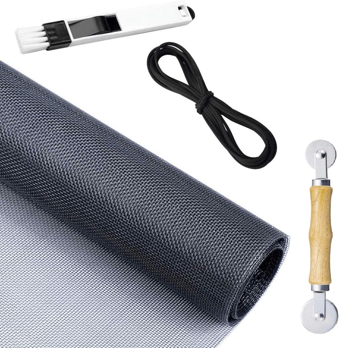 Screen Repair Kit for Windows or Doors Adjustable Fiberglass Screens with Rolling Tool, Screen Retainer Spline and Sliding Door Cleaning Brush (48" x 100", Black)