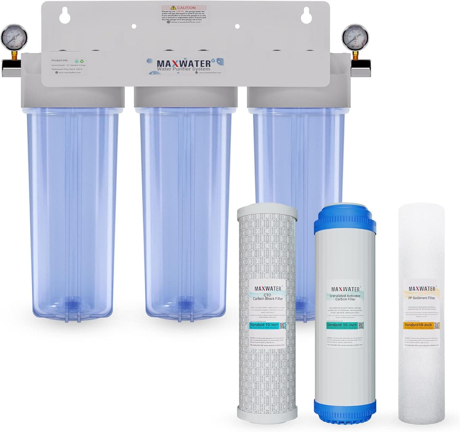 3 Stage 10 inch Whole House Water Filter Clear Housing Water Filtration System SED,GAC,CTO Carbon Filters, 3/4" Ports + 2 Dry Pressure Gauge, Good for City Water
