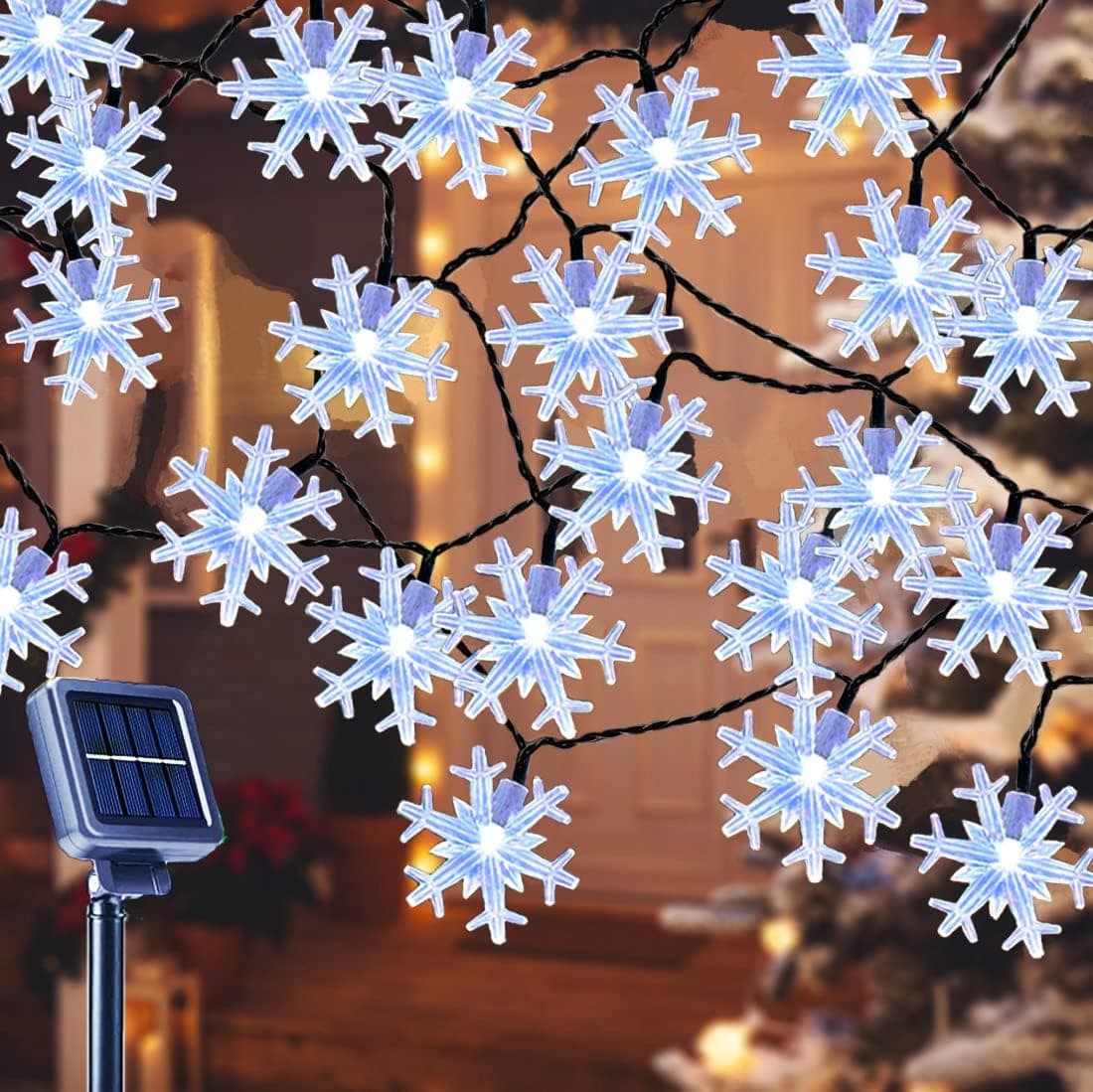 Solar Christmas Lights Outdoor, Cool White 55Ft 100 LED 8 Modes Snowflake Christmas Lights Waterproof Solar Christmas Decorative Lights Outdoor Christmas Tree Lights for Xmas Tree Garland Garden Yard