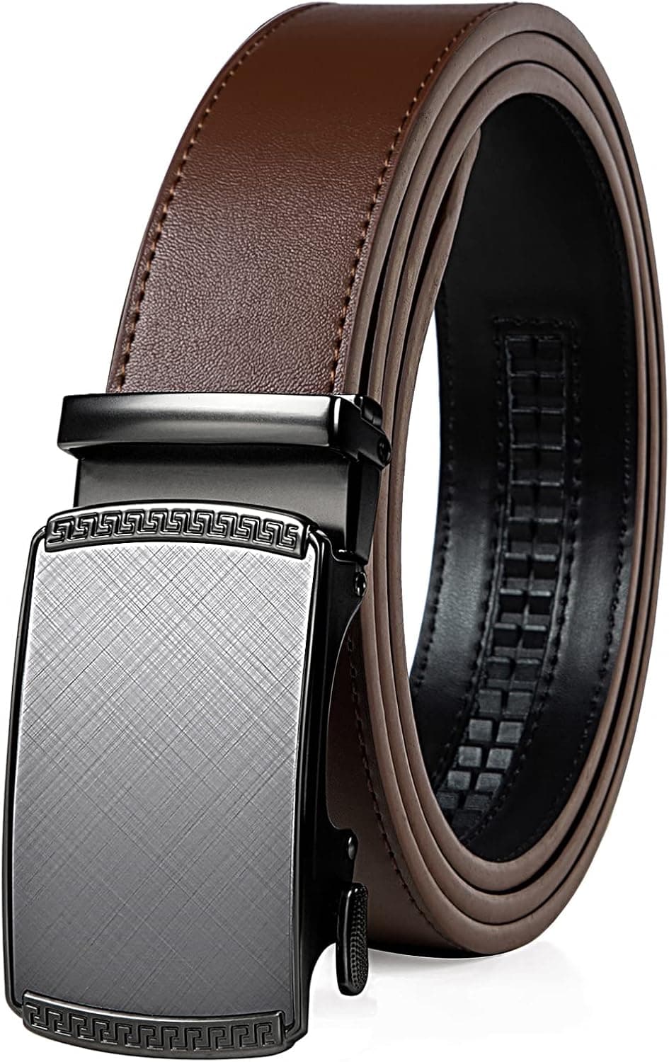 Drowsmen Belt men,leather ratchet belt 1 3/8" with Comfort Click Sliding Automatic Buckle, Adjustable belt Trim to Fit