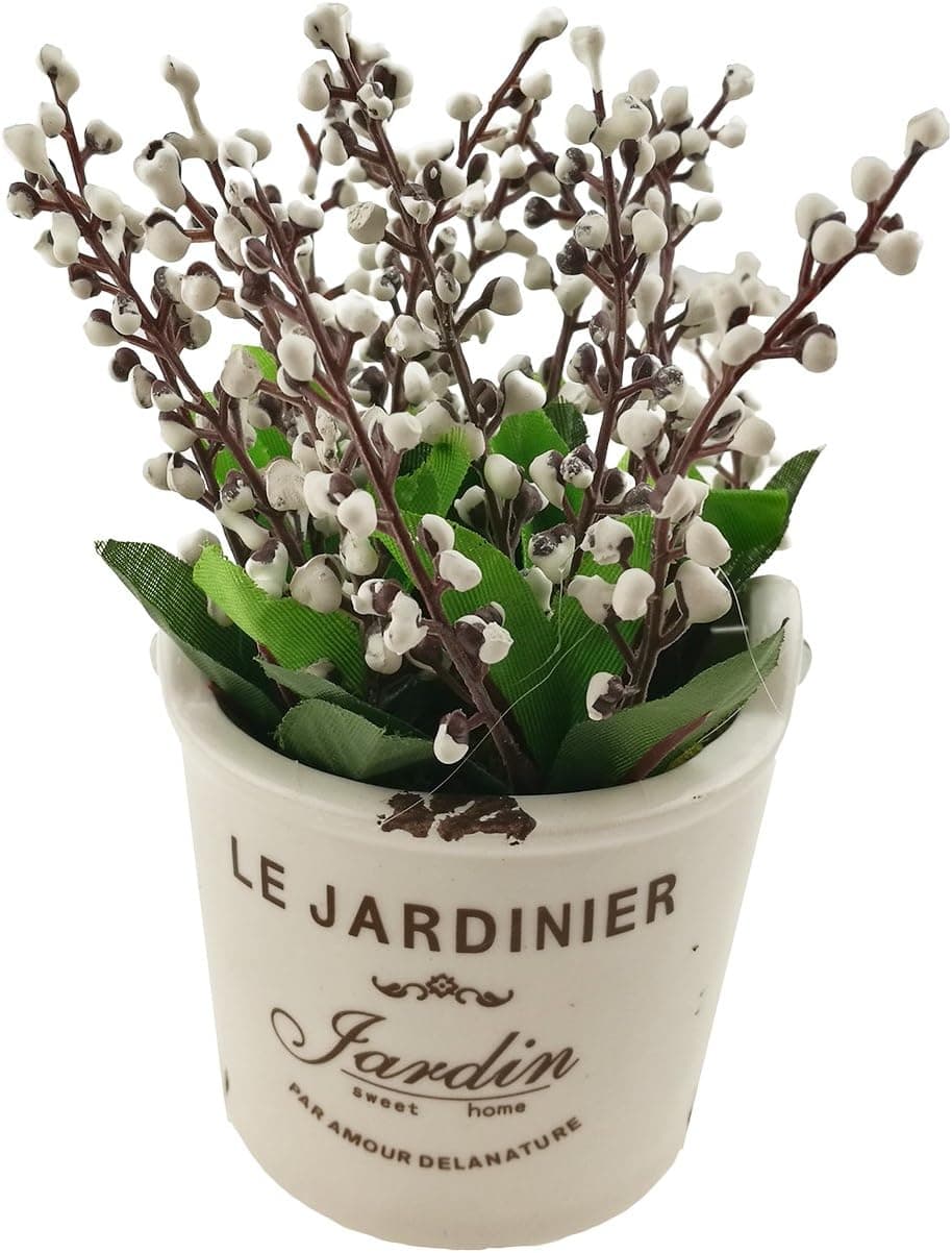 Mini Vintage Artificial Auspicious Fruit Ceramic Bucket Plastic Potted Plant Fake Bonsai for Home Living Room TV Cabinet Decor (White)