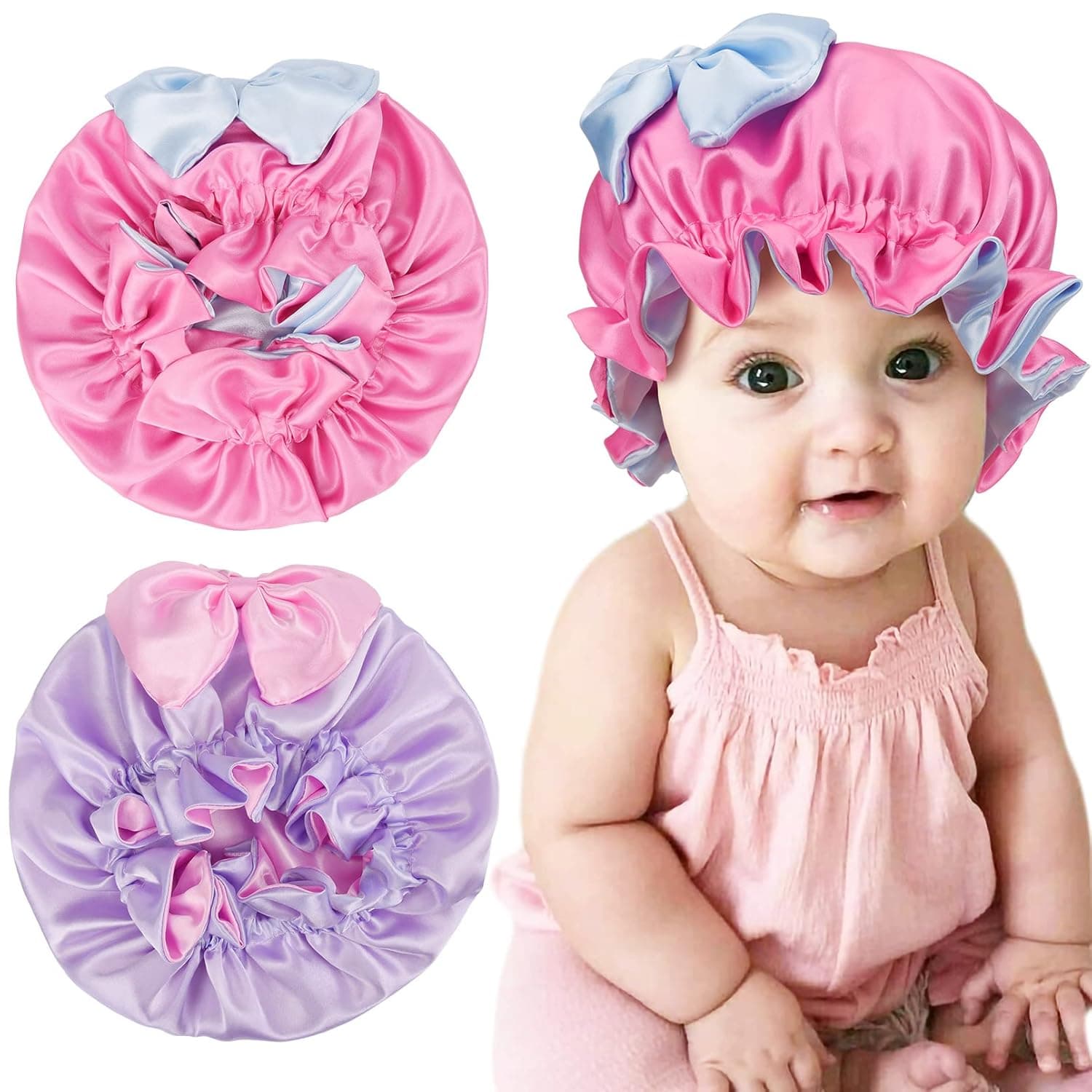 Aileam Kids Satin Bonnet Sleeping Cap Bow Silk Bonnet Double Layered Reversible Night Pink Hair Bonnet for Baby Natural Hair Teens Toddler Child