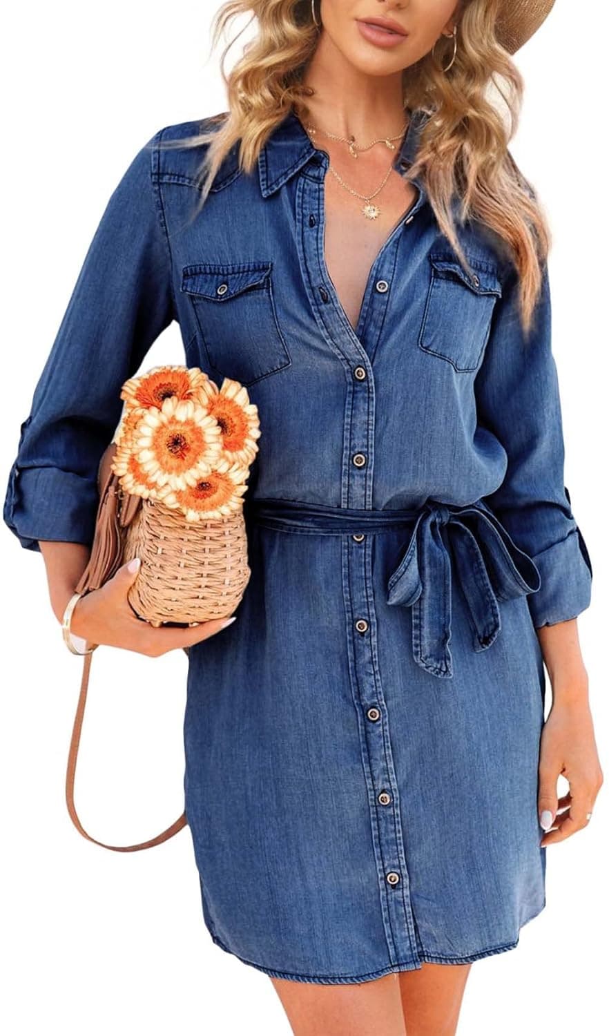 Womens Denim Dress Button Down Collar Belted Jean Shirtdress with Pockets