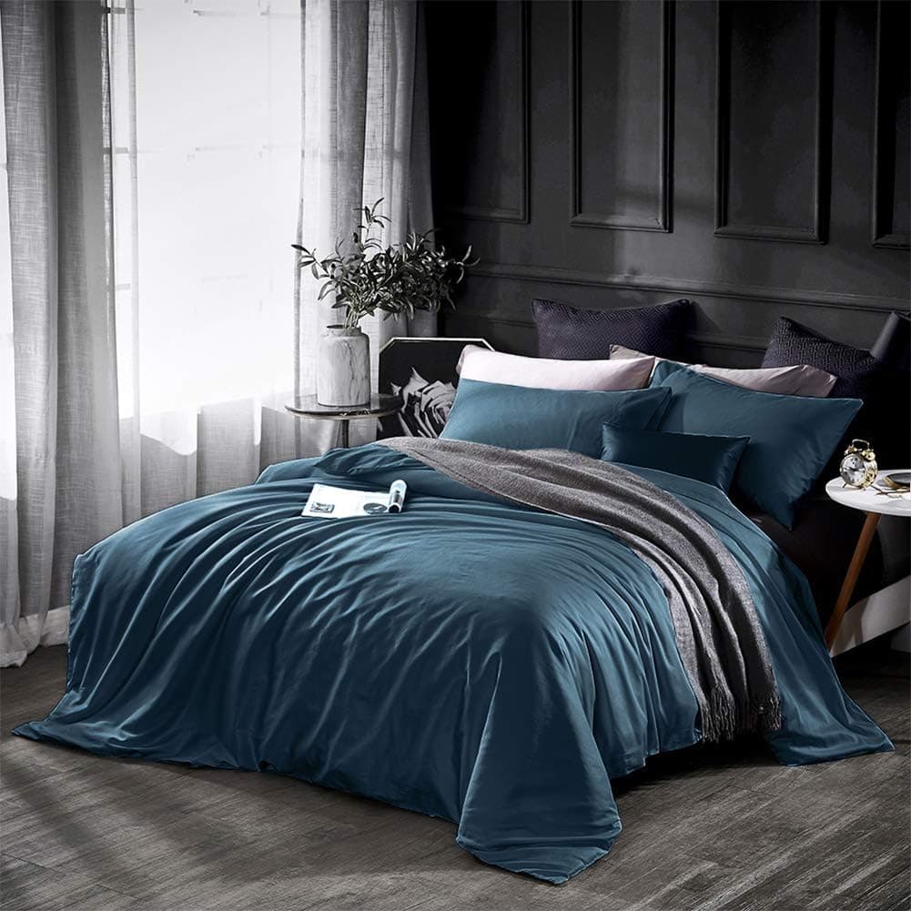 Dazzfond Duvet Cover King, Egyptian Cotton 3 Piece Luxury Bedding Set-Zipper Closure & Corner Ties, Solid Color Breathable Washable Comforter Protector (Peacock Blue)