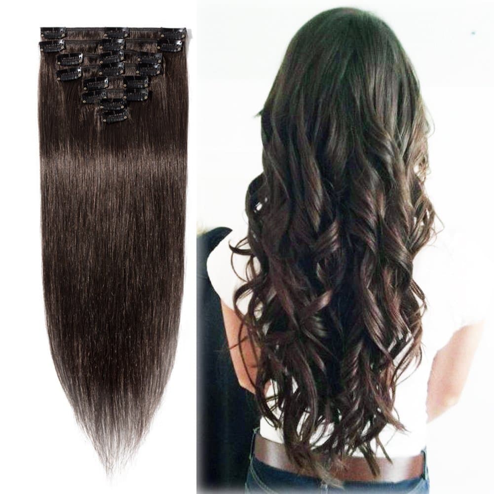 Benehair Clip in Human Hair Extensions 20 inch Dark Brown Clip on Natural Soft Straight Hair 8pcs Standard Weft 18 Clips for Women Party Daily Dress (20"=70g #2)