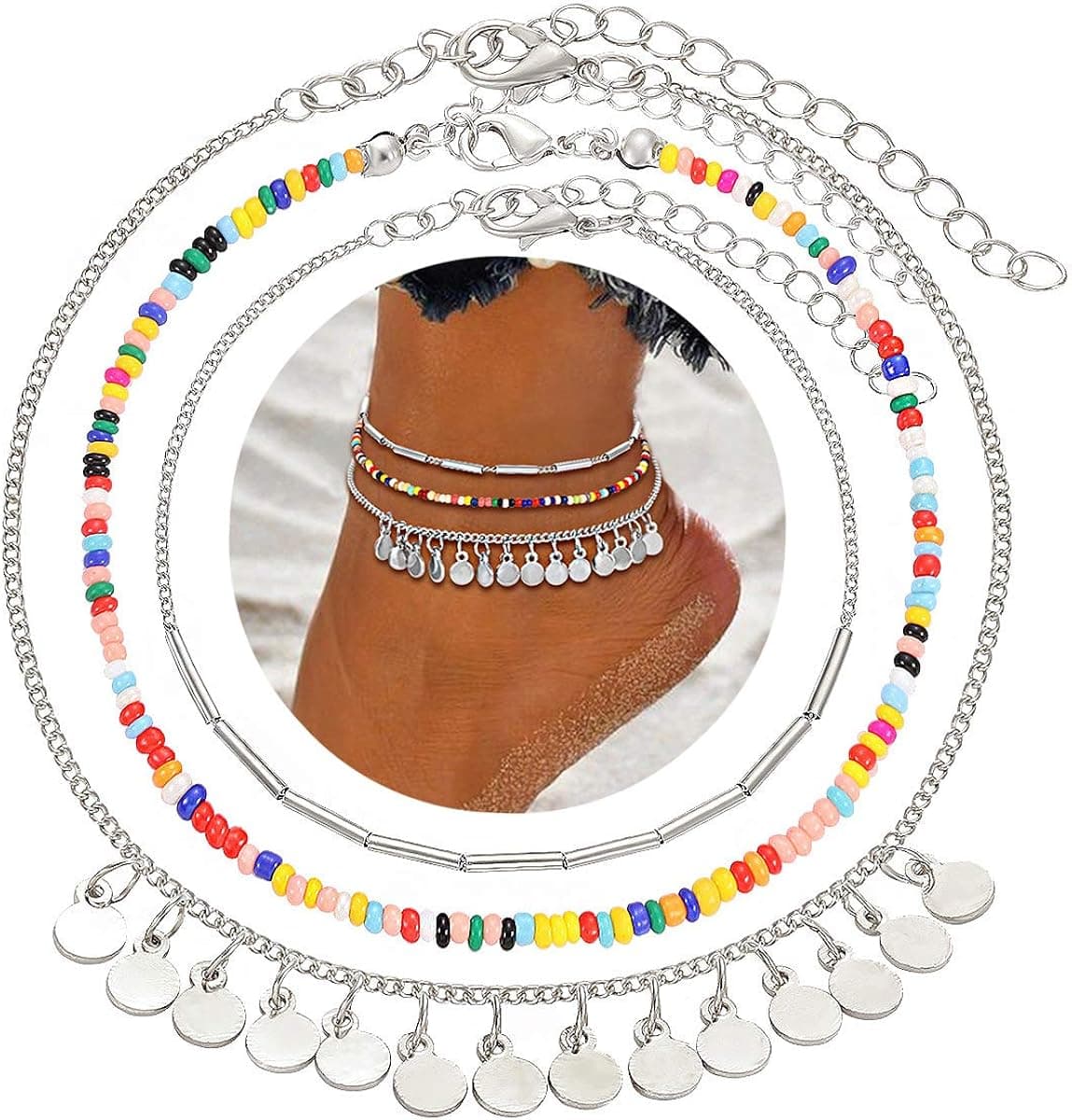 CEALXHENY Anklets for Women Multicolored Bead Anklets Bohemia Metal Bar Sequins Ankle Bracelets Summer Beach Foot Jewelry Set for Girls