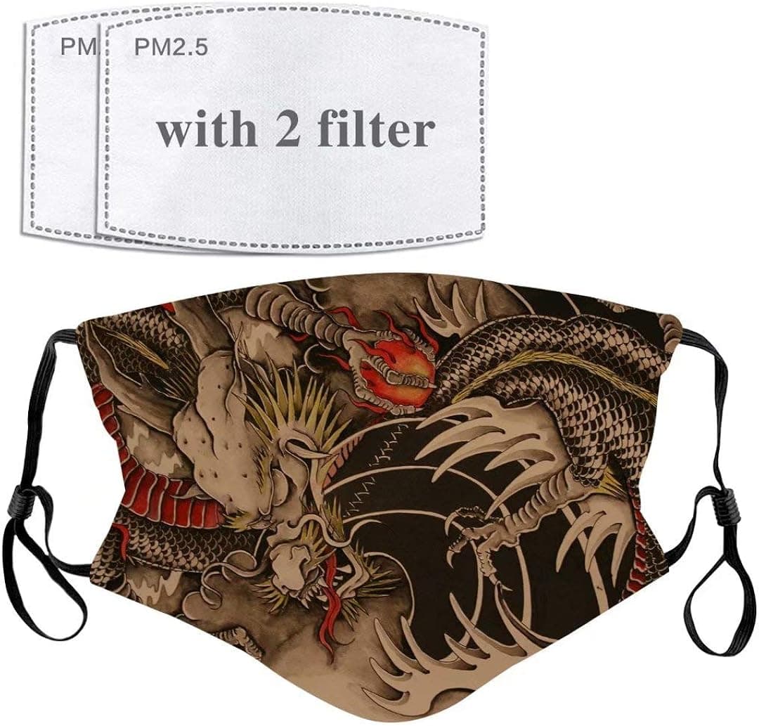 Japanese Dragon Face Mask with Filter Pocket Washable Face Bandanas Balaclava Reusable Fabric Masks for Men Women