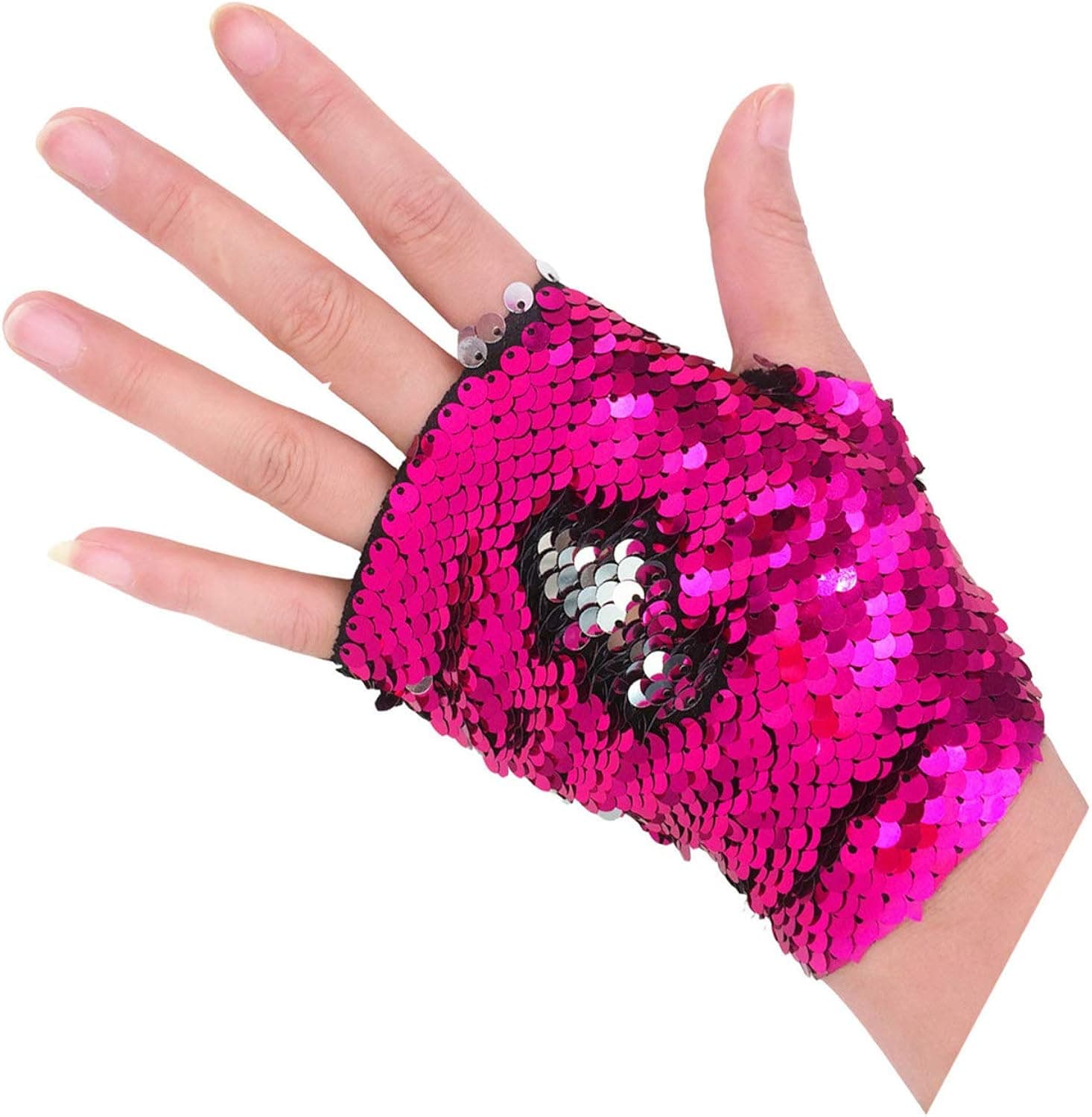 Mermaid Gloves - Dragon Paws Reversible Magic Sequin Fingerless Gloves Bracelet- Dance Birthday Party Favors for Kids Girls Women (Silver-Rose)