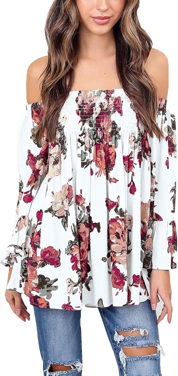 Womens Floral Off Shoulder Blouse Casual Shirt Bell Sleeves Cute Crop Top (White, Medium)