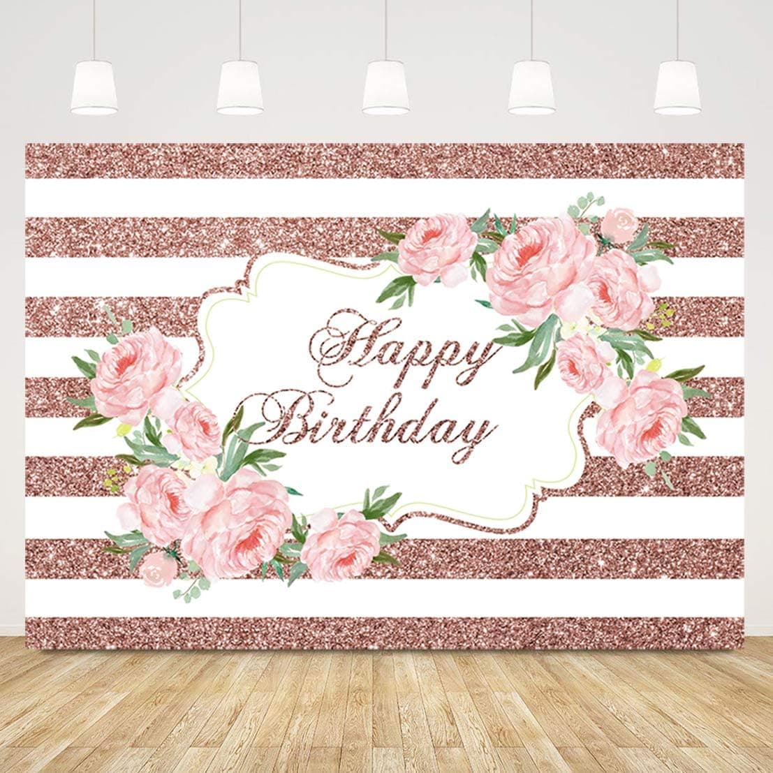 Sensfun Rose Gold Stripes Birthday Backdrop for Women Peony Flower Happy Birthday Party Decorations Banner Pink Floral 30th 40th 50th 60th Birthday Photo Booth Background (7x5ft)