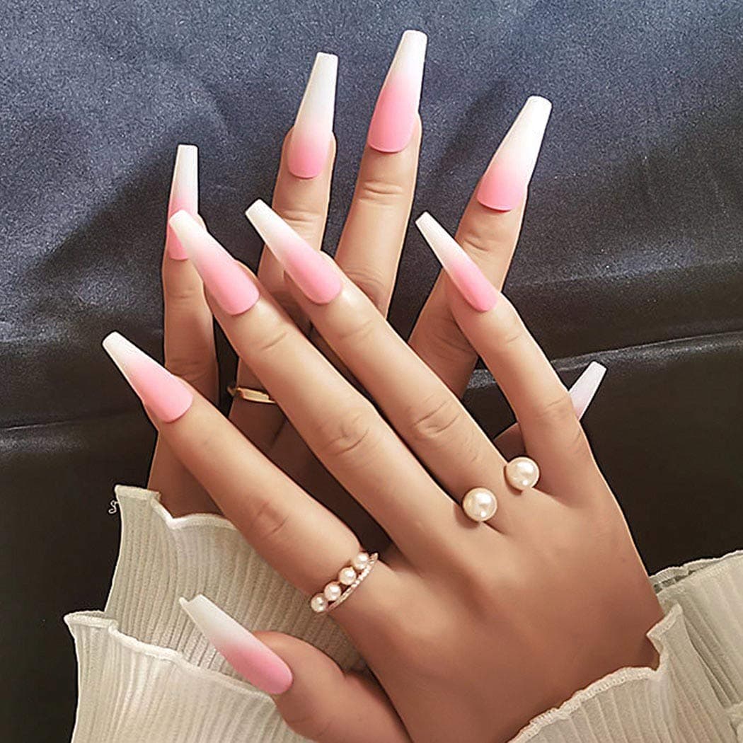 Cosydays Coffin Extra Long Press on Nails Pink Gradients False Nails Full Cover Matte Fake Nail for Women and Girls (24 PCS)