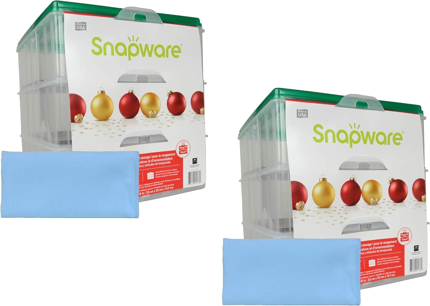 Snapware (2) Snap 'N Stack 3-Layer Ornament Keepers, Holds 48 Ornament Balls Per Container W/ (2) Blue Microfiber Low-lint Polishing Cloths