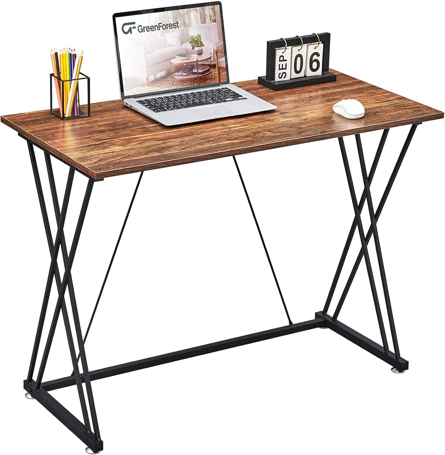 GreenForest Small Computer Desk 39inch for Home Office Easy Assembly Simple Writing Study Desk with Double Sturdy X Leg Pc Workstation Laptop Table, Walnut