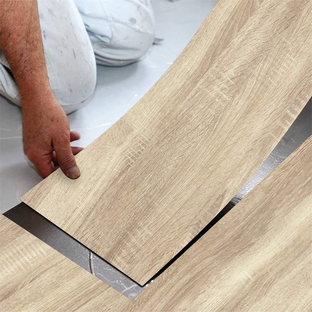 Thicken PVC Wood Grain Flooring Tiles Stickers Waterproof Wood Textured Adhesive Wallpaper for Door Floor Table and Wall,Sandal Wood 118 X 7.87 Inch