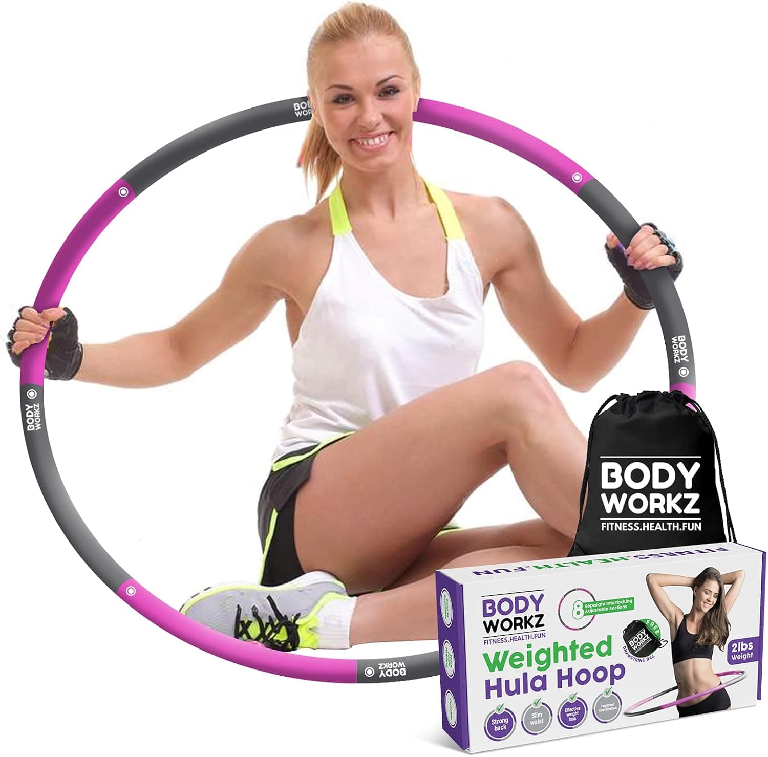 Body Workz Weighted Hula Hoop, Adults Fitness Hoop - Easy to Twirl, Great for Weight Loss & Strengthening Core, Body & Waistline Toning, Achieve Beautiful Body Shape, See Results Fast! (Pink and Grey)