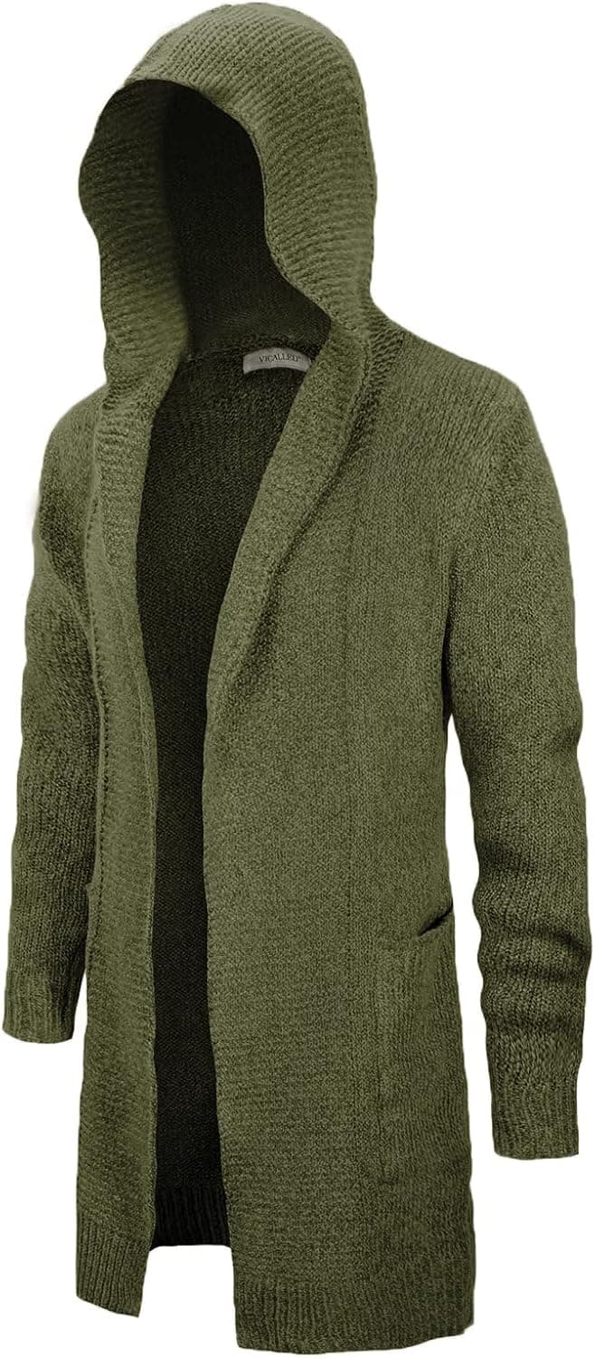 VICALLED Men's Long Cardigan Sweater Hooded Knit Slim Fit Open Front Longline Cardigans with Pockets