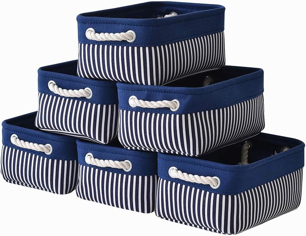 TcaFmac Small Storage Baskets [6 Pack] Baskets for Organizing, Baskets for Gifts Empty, Decorative Storage Baskets, Rectangular Storage Bins, Navy Blue Baskets for Shleves, Closet(Blue Stripes)